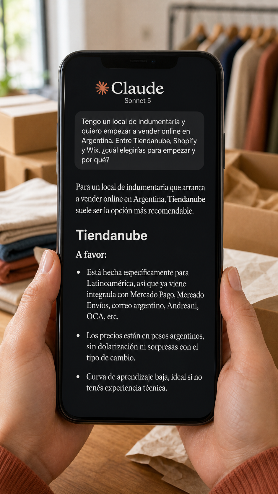 Una mujer consulta a Claude qué plataforma elegir para comenzar a vender indumentaria por internet