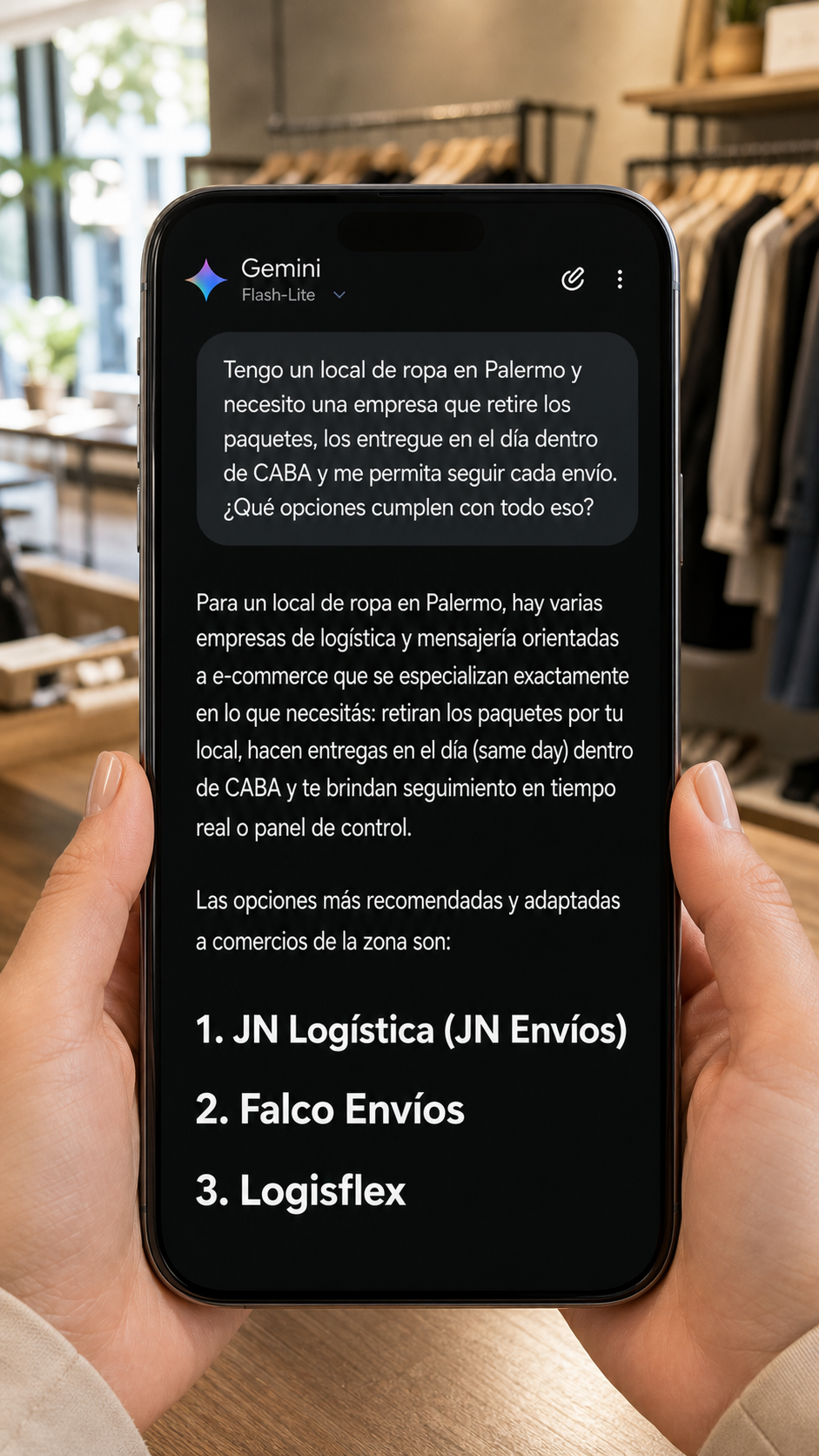 Una mujer consulta a Gemini qué empresa de logística elegir para un local de ropa en Palermo