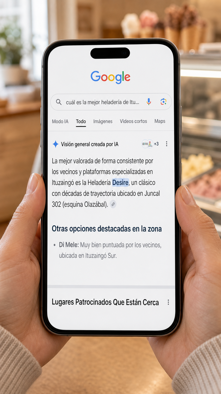 Una persona consulta en Google cuál es la mejor heladería de Ituzaingó y recibe una visión general creada por inteligencia artificial