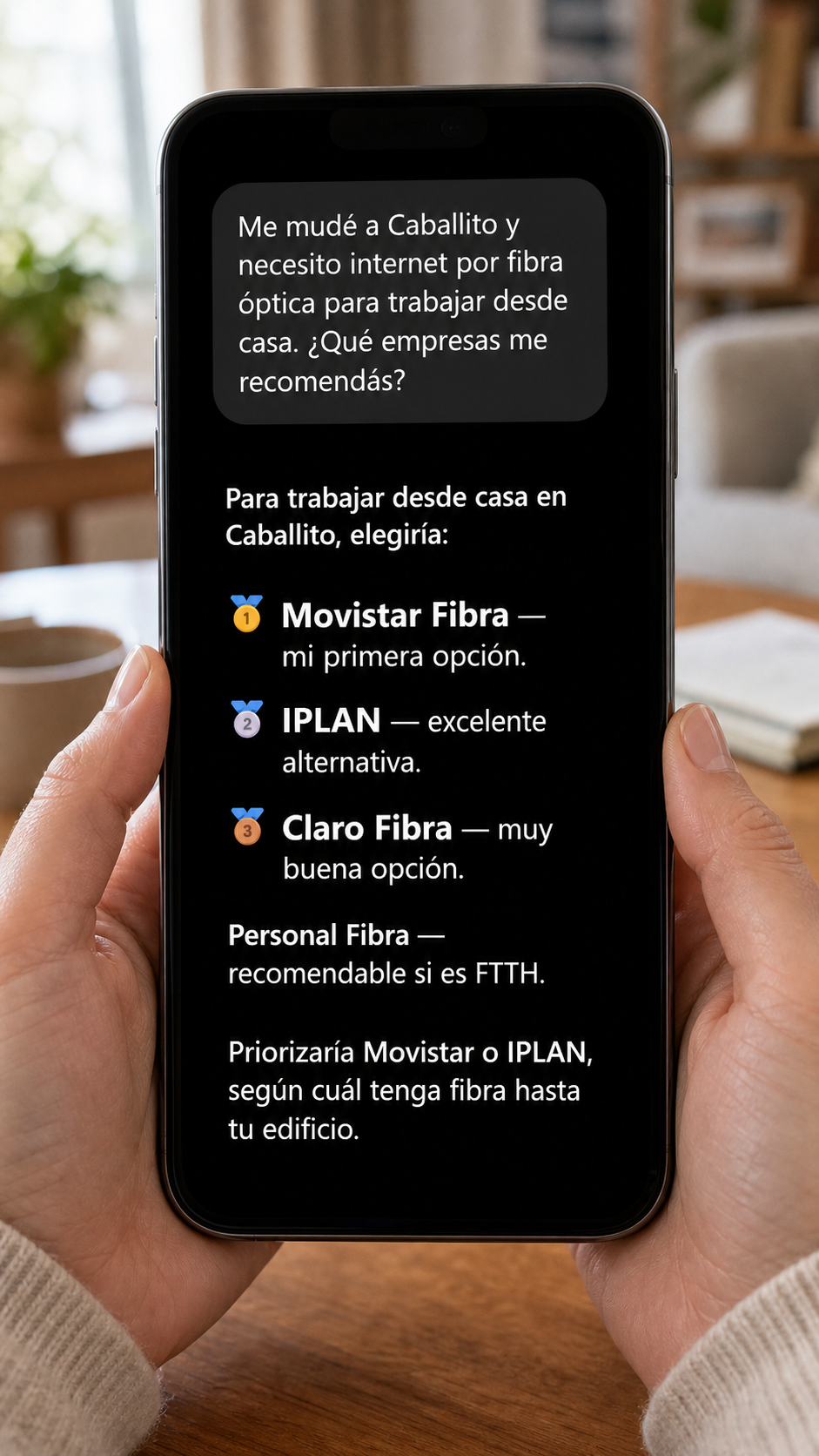 Una mujer consulta a ChatGPT qué empresa de internet por fibra óptica elegir en Caballito